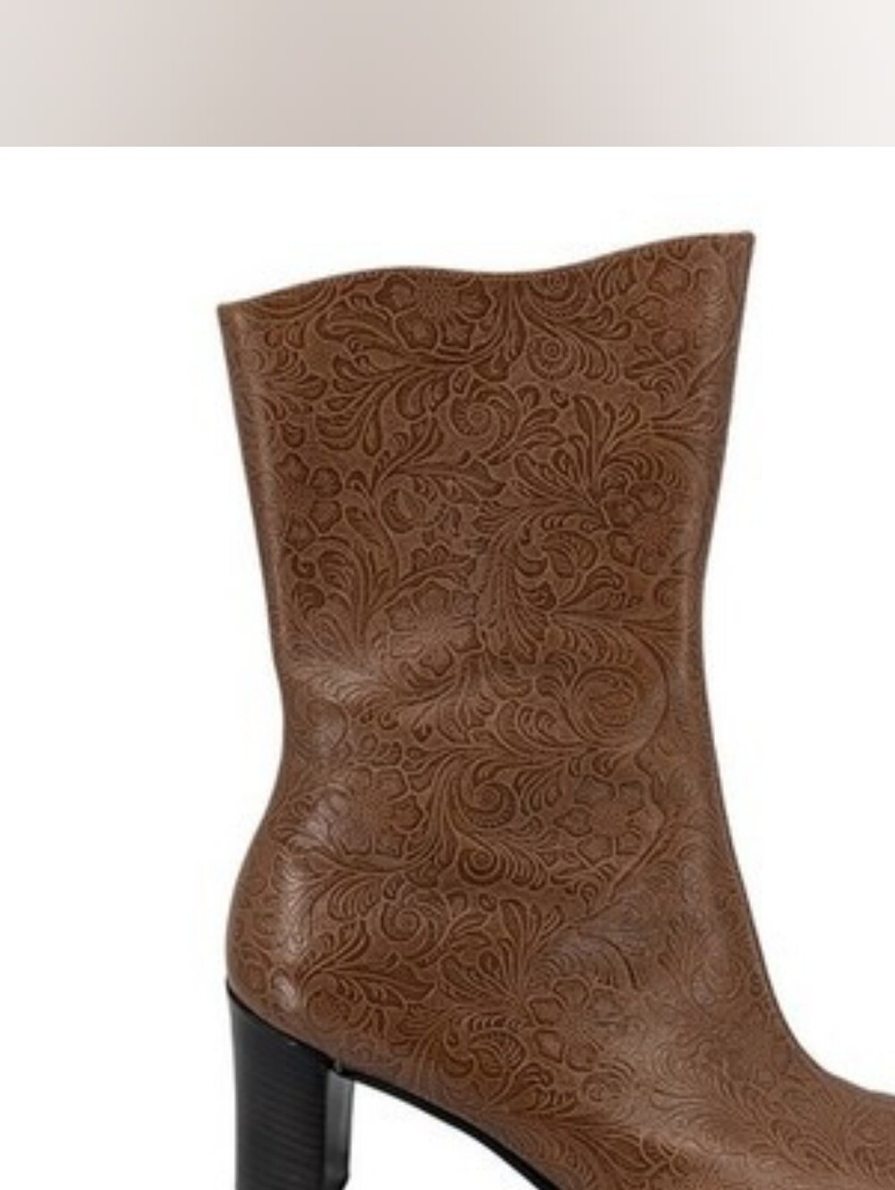 Genuine Leather Brown Embossed Mid-Calf Heeled Boot